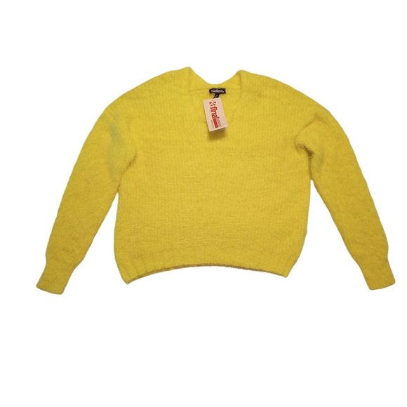 FRESHMAN Fuzzy Canary Yellow V-Neck Long Sleeve Sweater Size JUNIOR MEDIUM NWT - Picture 1 of 2